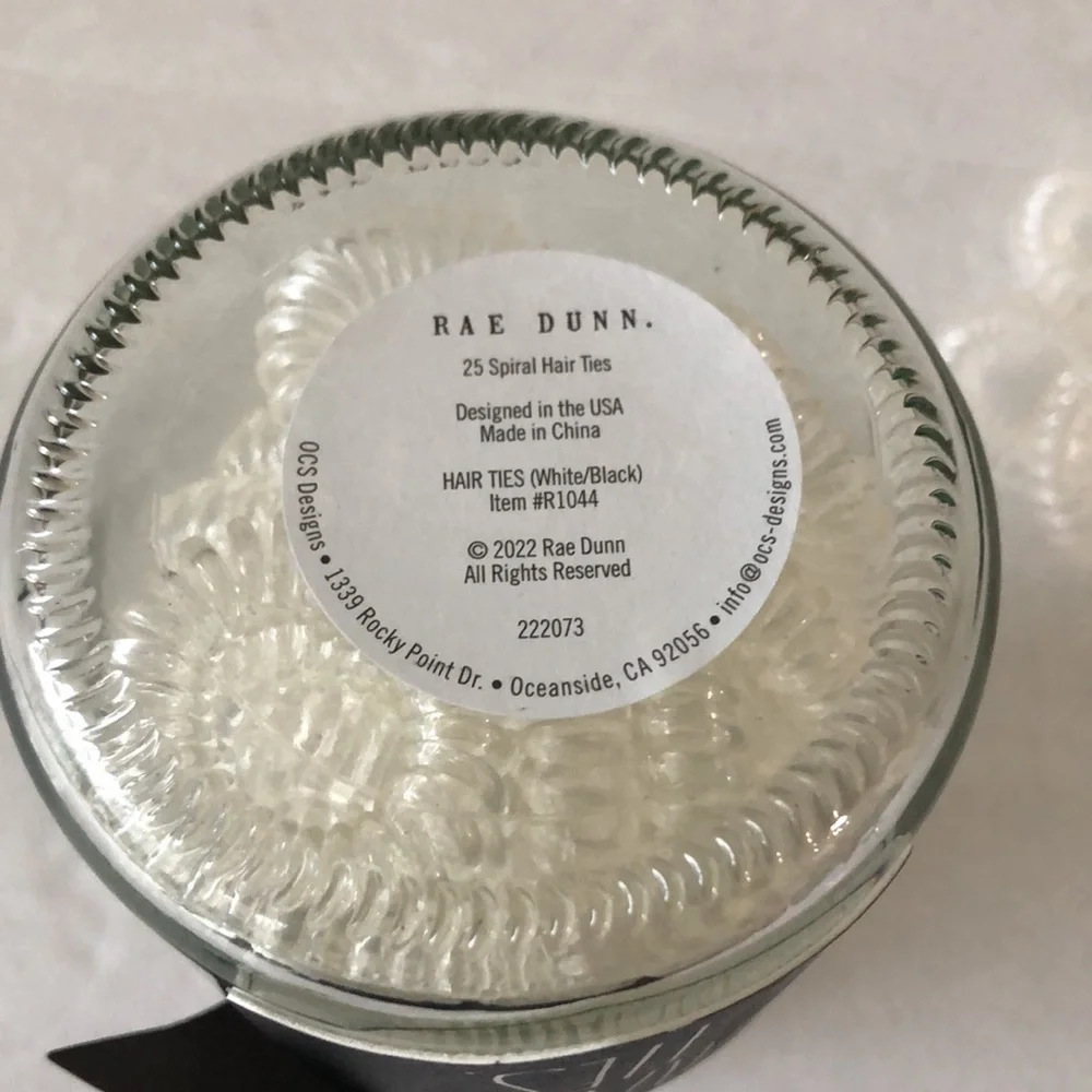 RAE DUNN  Small Glass Jar With 25 Clear Spiral Hair Ties